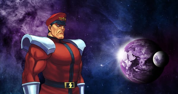 Intimidating soldier in red against a starscape looking at a purple planet and moon