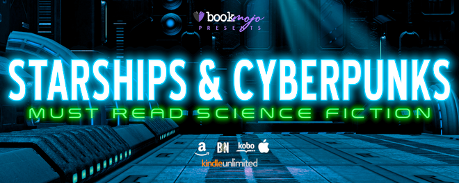 Starships & Cyberpunks: Must Read Science Fiction. Blue science fiction-y background.