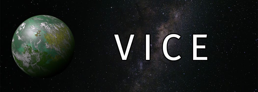 "Vice", green planet with starry background
