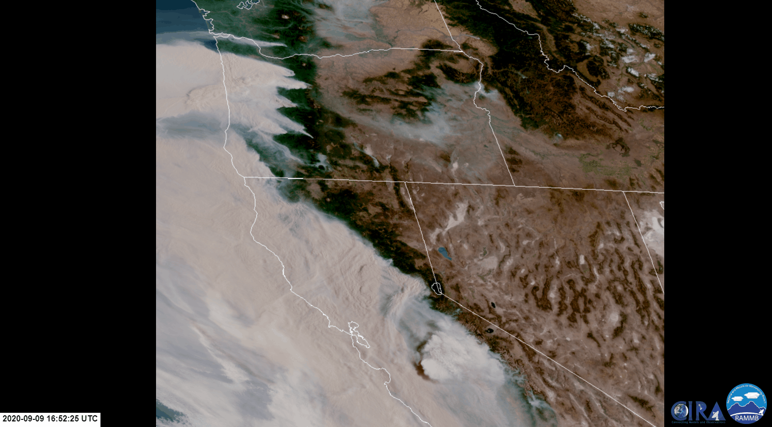 Animated gif of a satellite view of CA. Most of the state is covered in smoke.