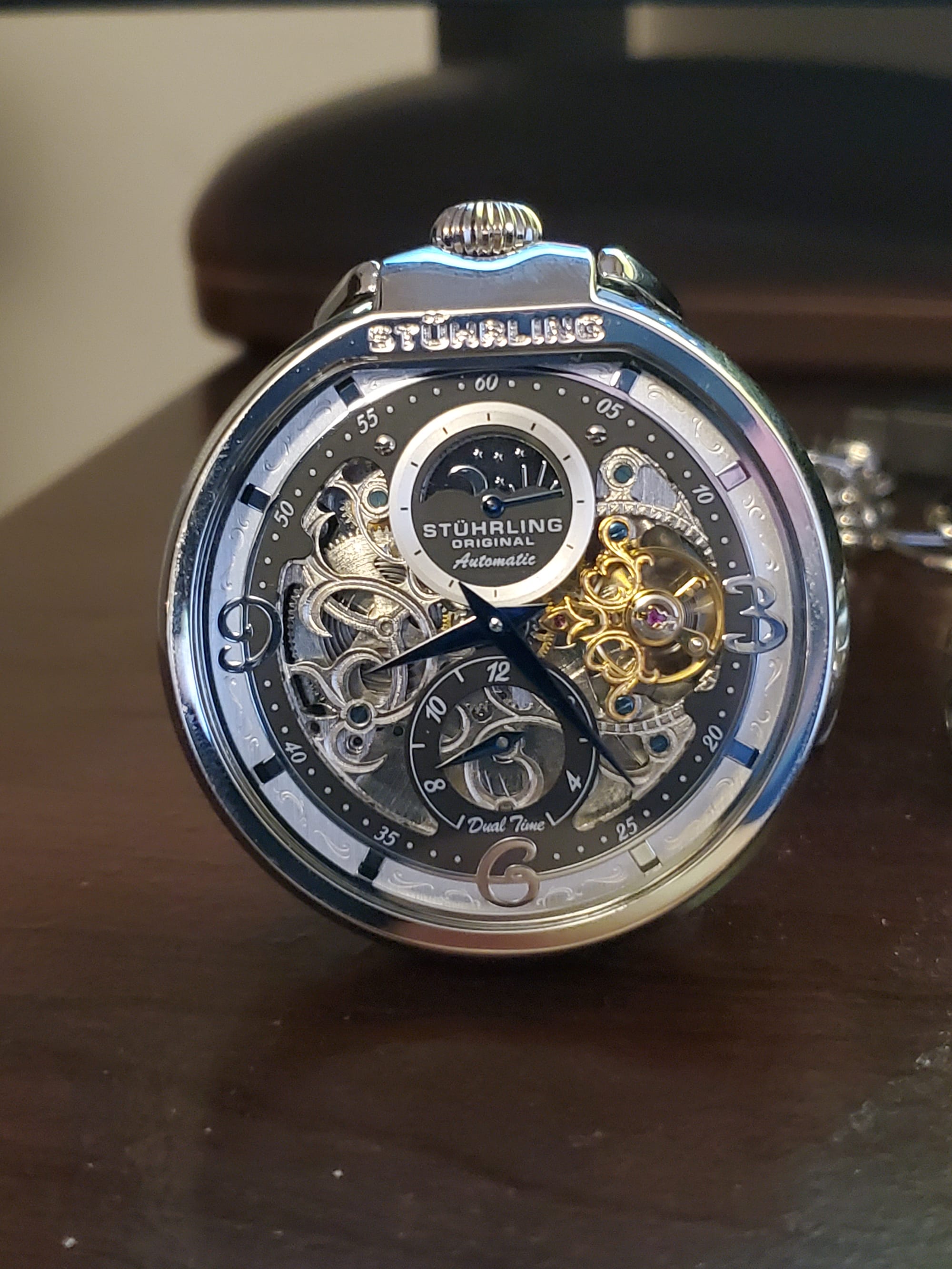 Stuhrling automatic movement pocket watch, jewels visible inside