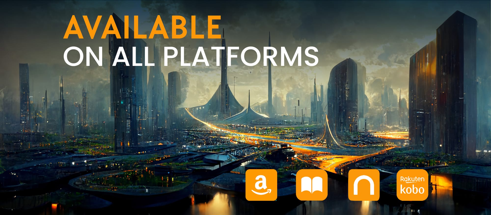 "Available on all platforms." Icons for Amazon.com, Apple Books, Nook, and Kobo. Futuristic city backdrop.