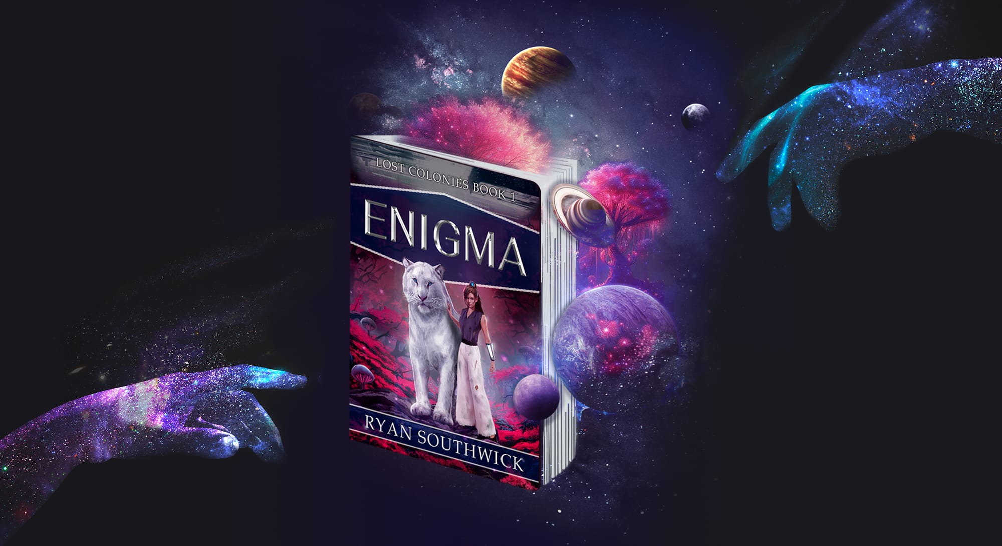 Book "Enigma by Ryan Southwick" floating in space amidst planets and ancient, alien trees