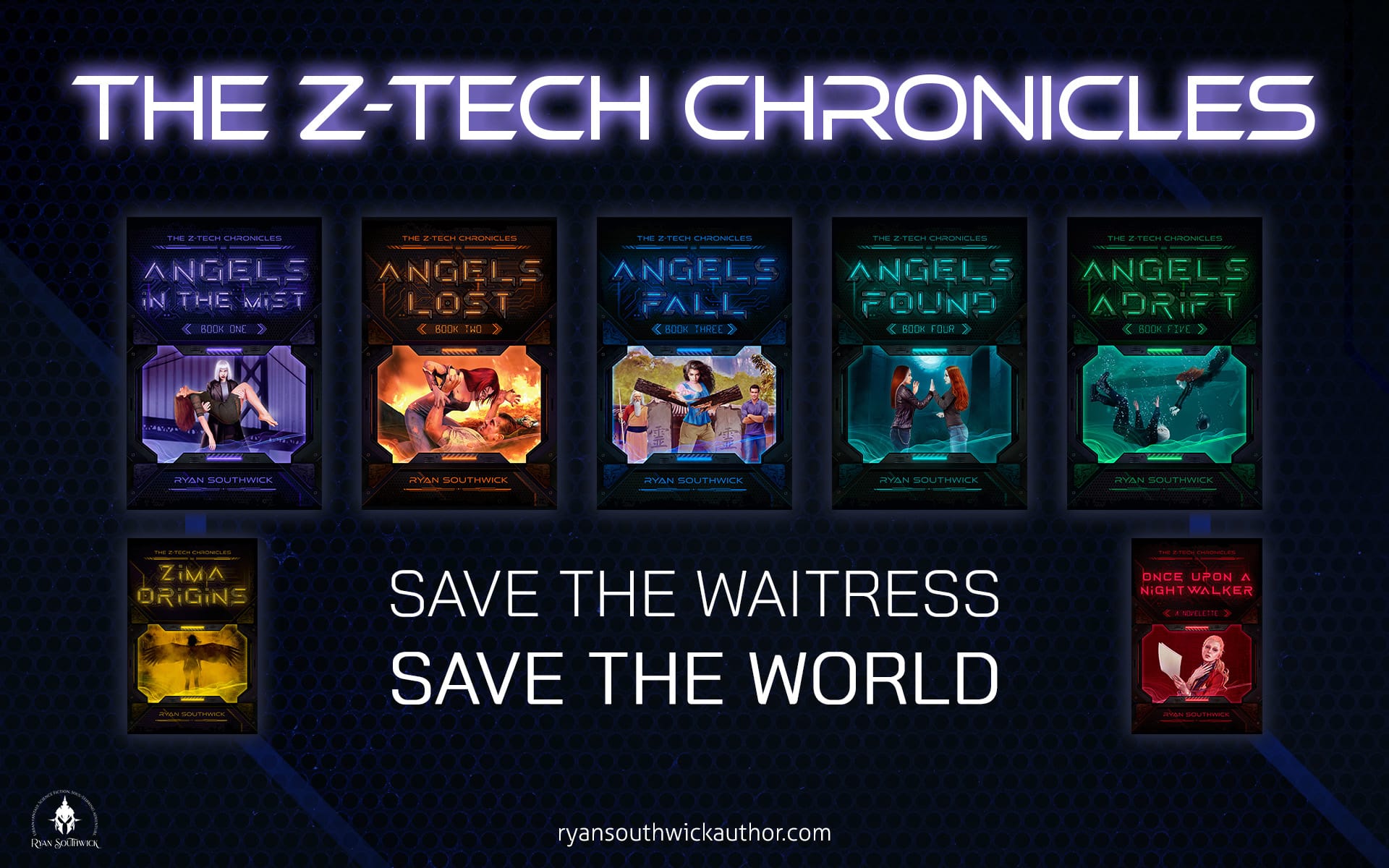 "The Z-Tech Chronicles" featuring 6 techno book covers. "Save the waitress, save the world."