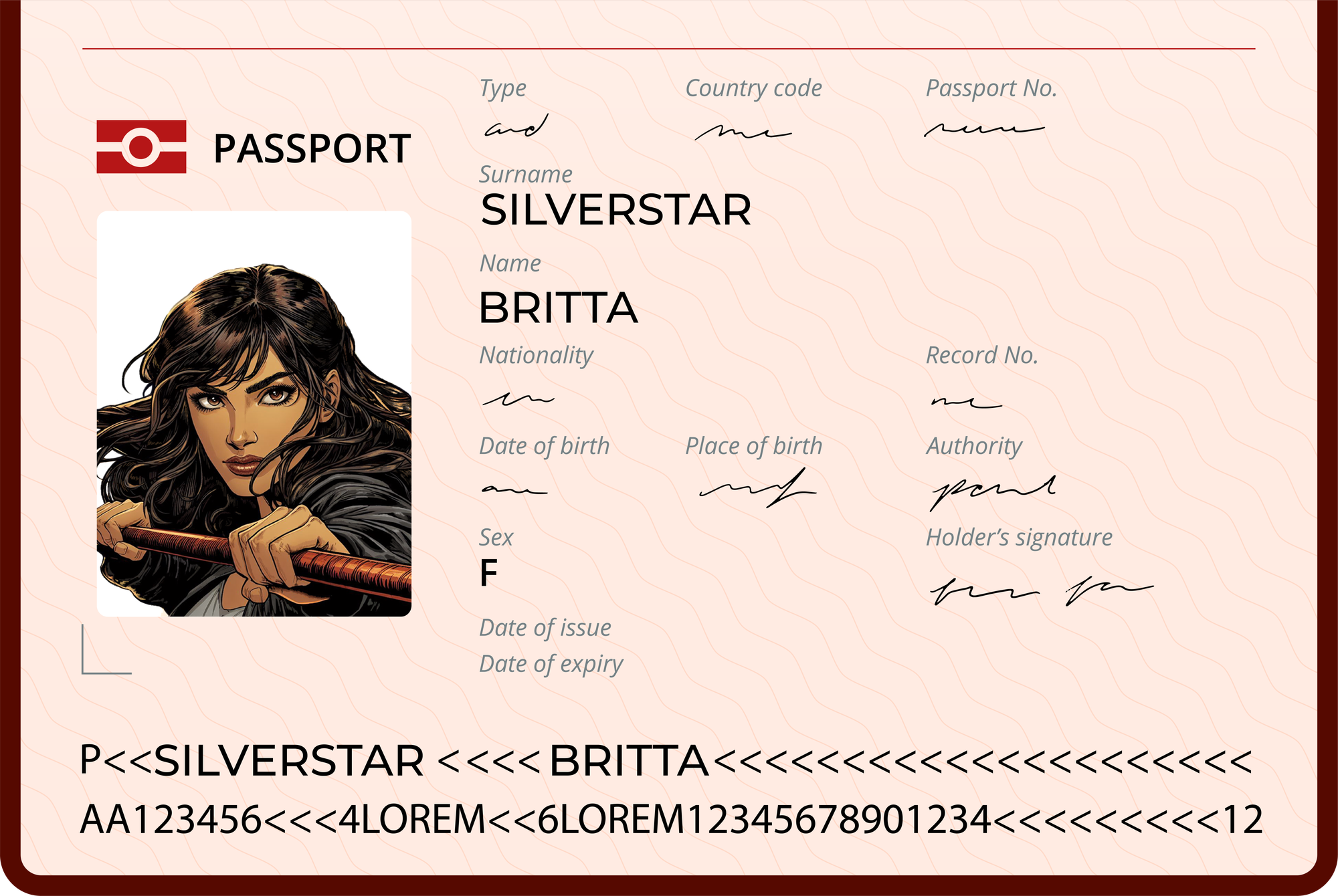 Mockup of a passport ID page for Britta Silverstar