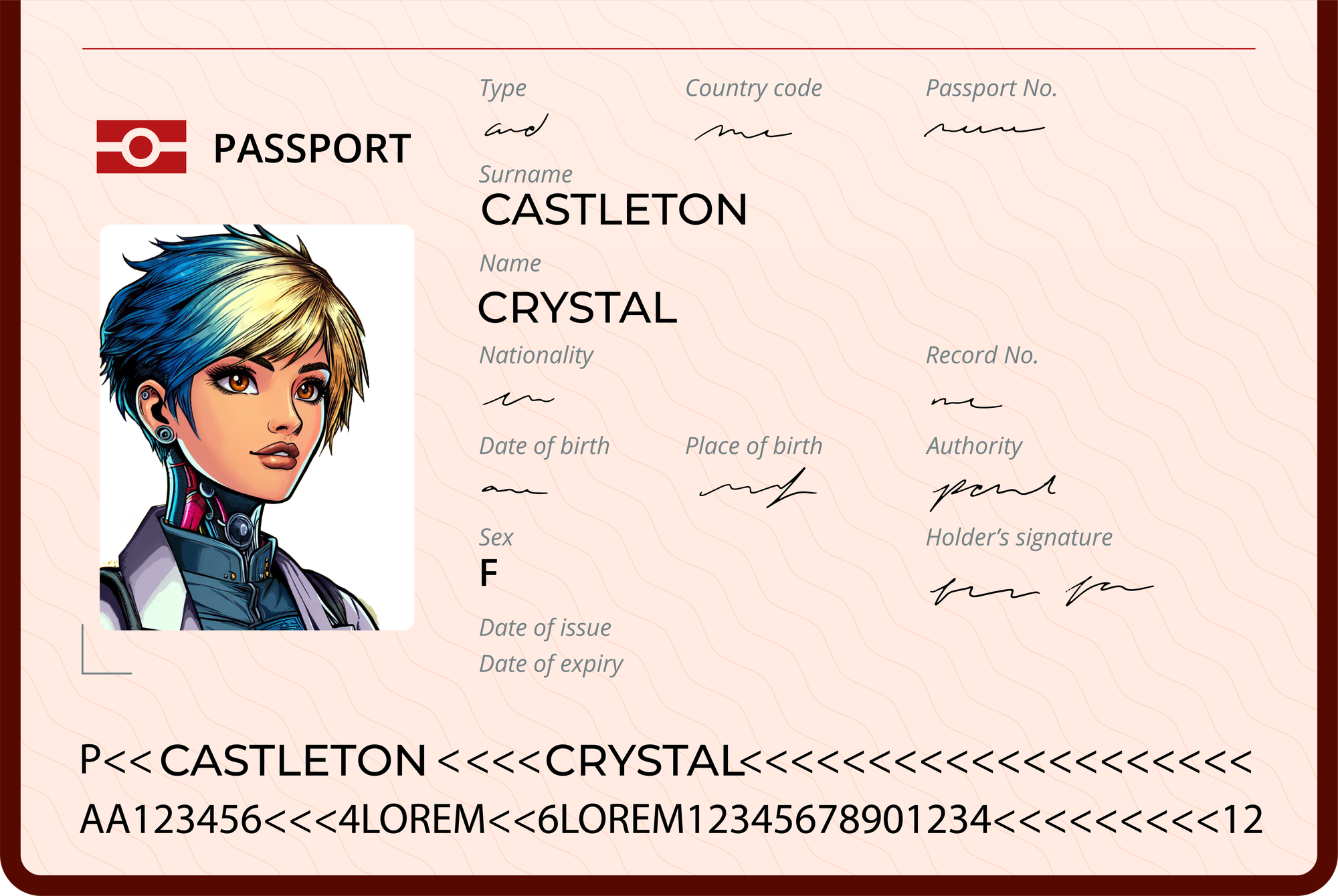 Mockup of a passport ID page for Crystal Castleton