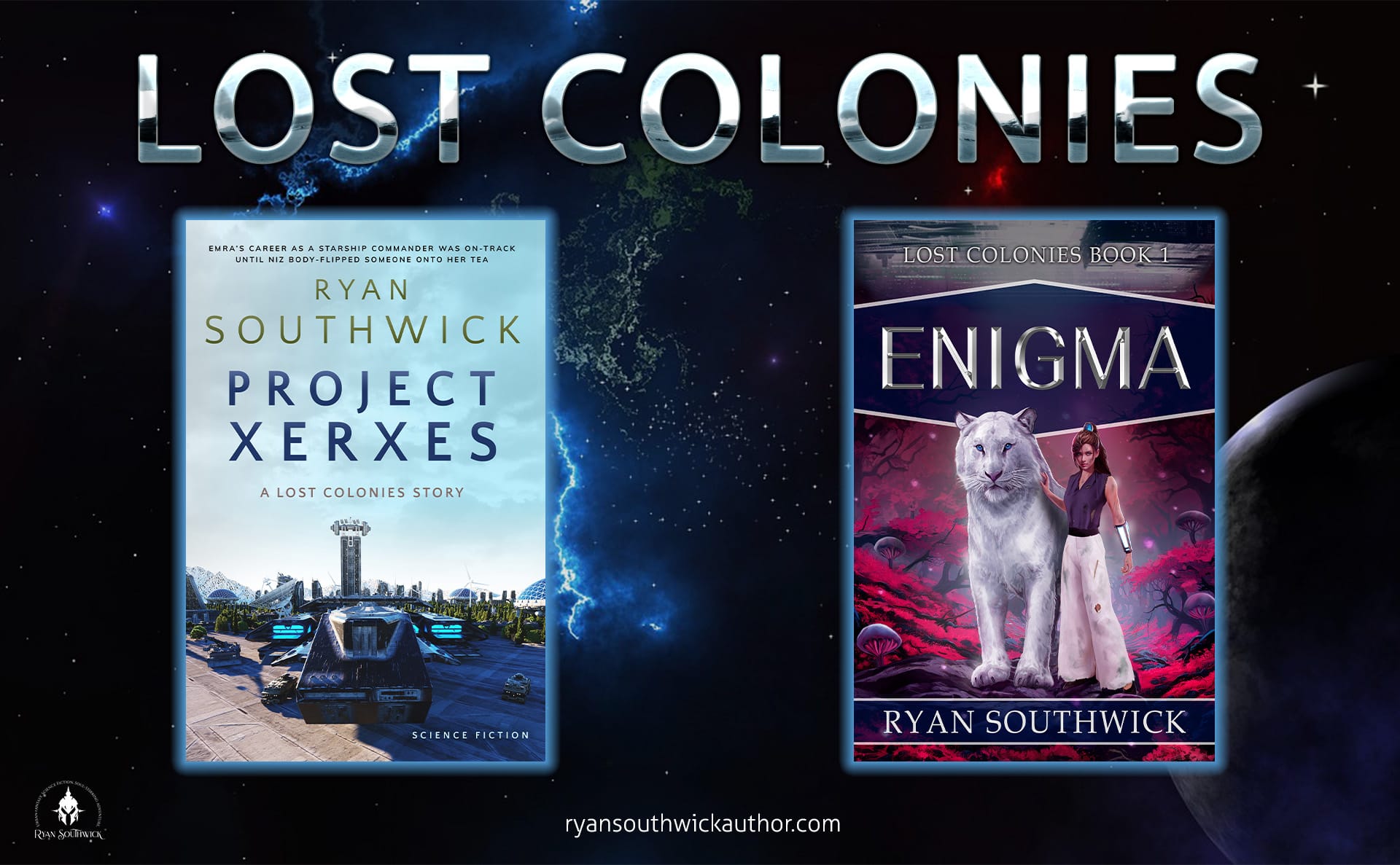 "Lost Colonies". 2 book covers: "Project Xerxes" and "Enigma" by Ryan Southwick