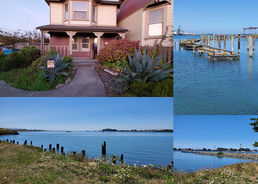 house, 3 pictures of the bay, one with a pier, another with an abandoned logging railway