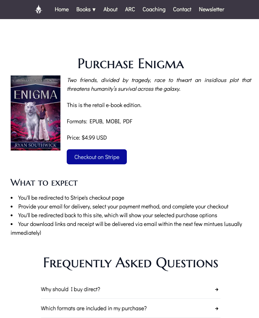 Book purchase page including Stripe checkout button, "what to expect" section, and a FAQ