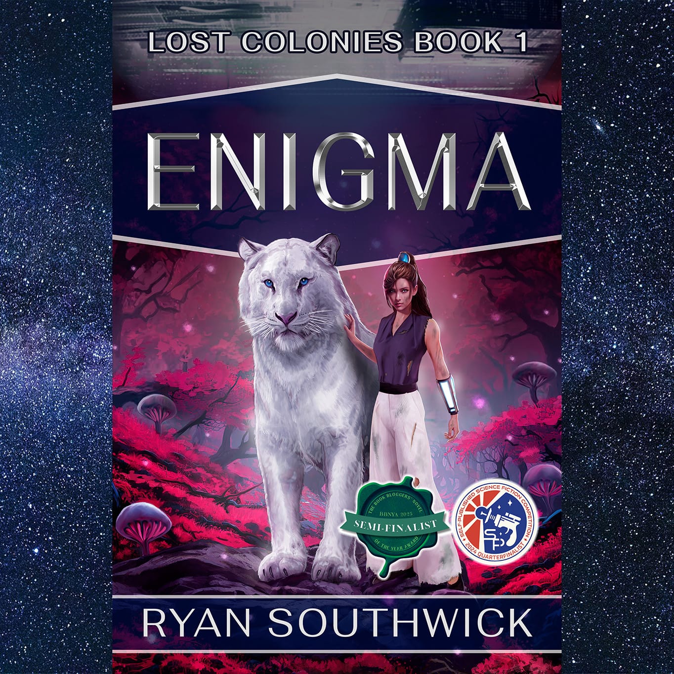 Enigma cover (girl and silver tiger in alien backdrop) with BBNYA and SPSFC4 awards