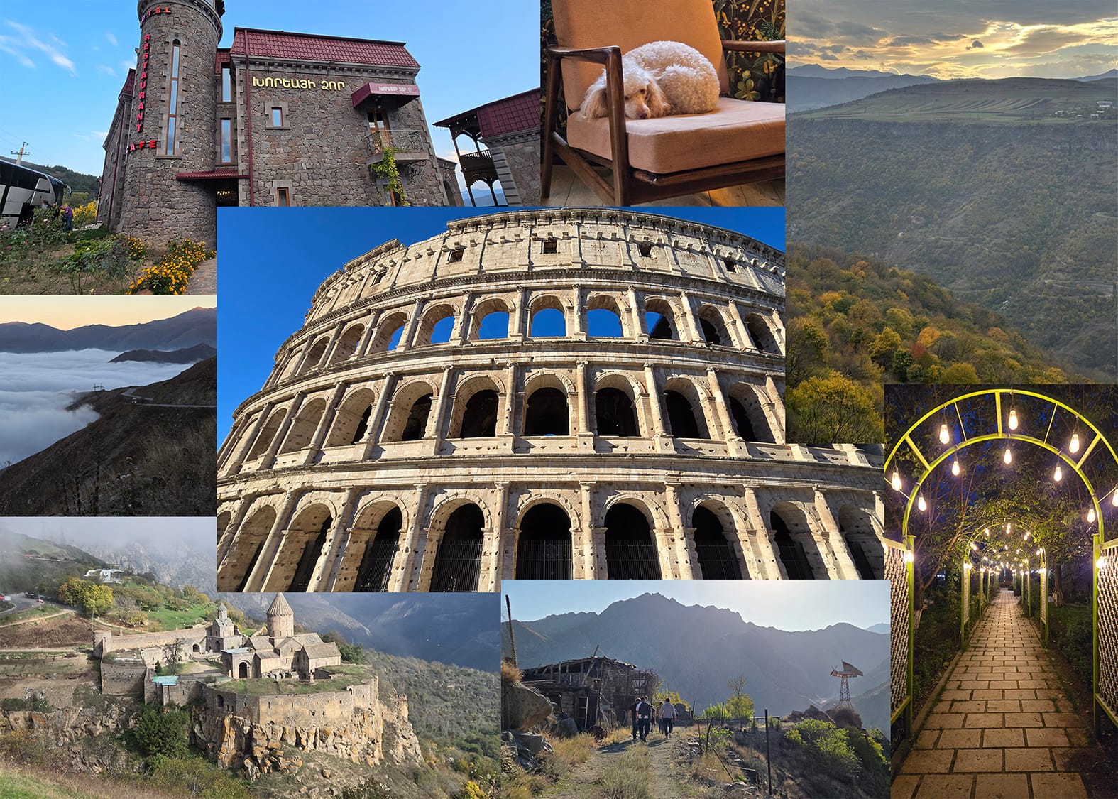 Collage: Church-fort on a mountain; clouds below; castle-inn; poodle in a chair; arc of lights; Roman colosseum