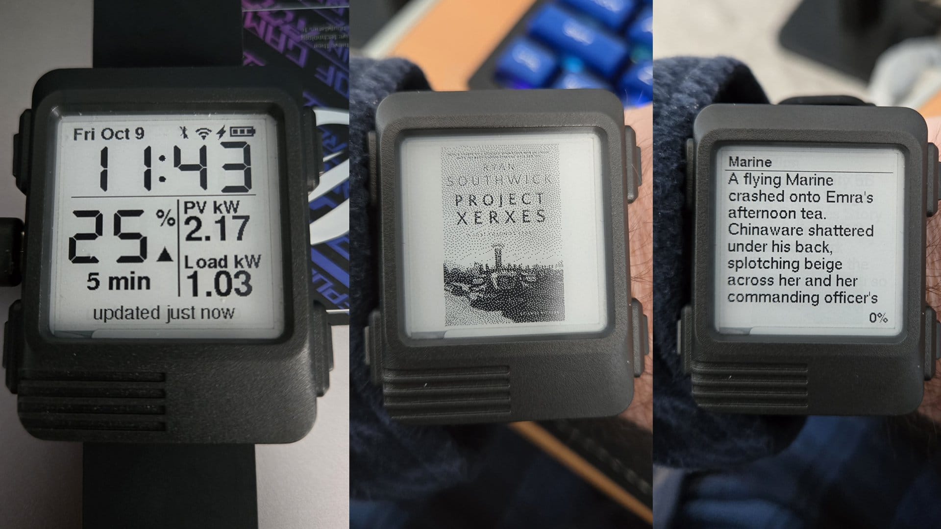 3 e-paper watch faces: time + solar stats (left), a B&W book cover (center), Ch1 of a book (right)