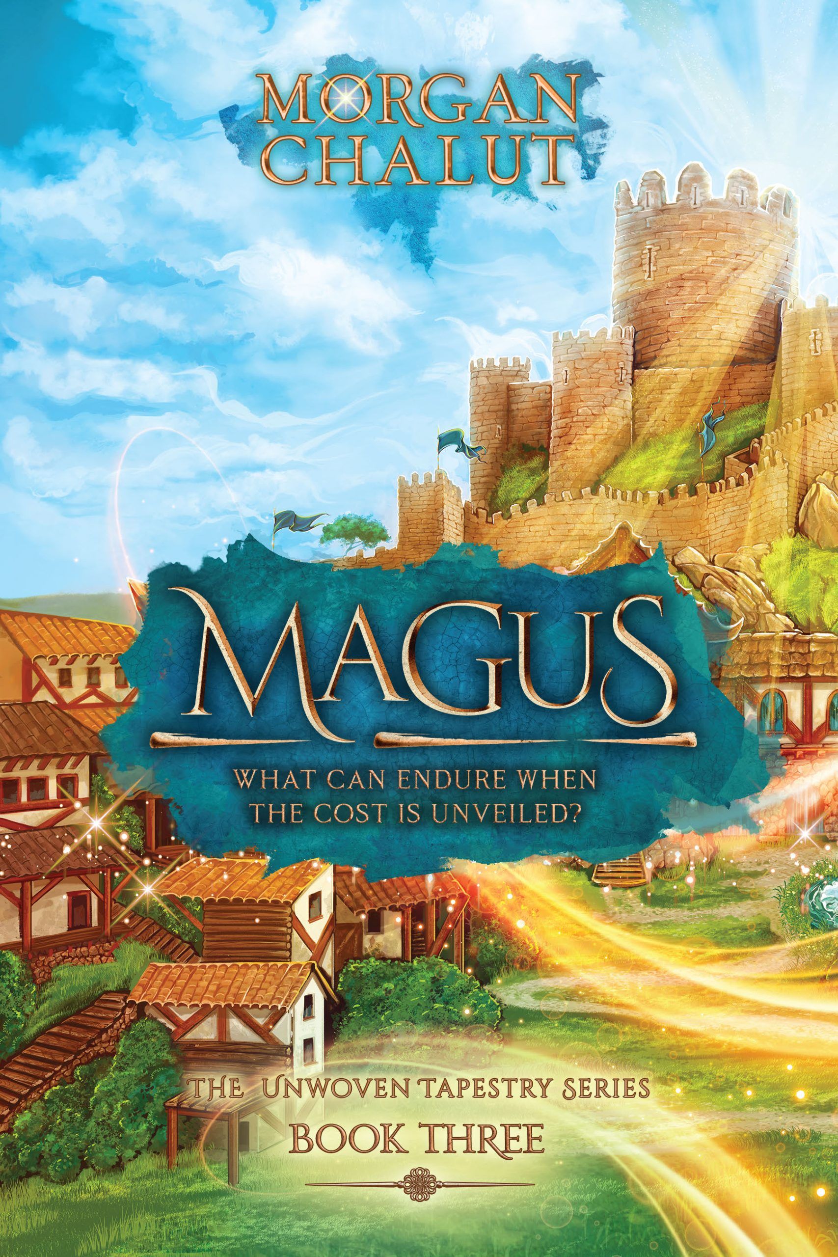 Book cover: "Magus". Illustration of a fantasy village below a castle.