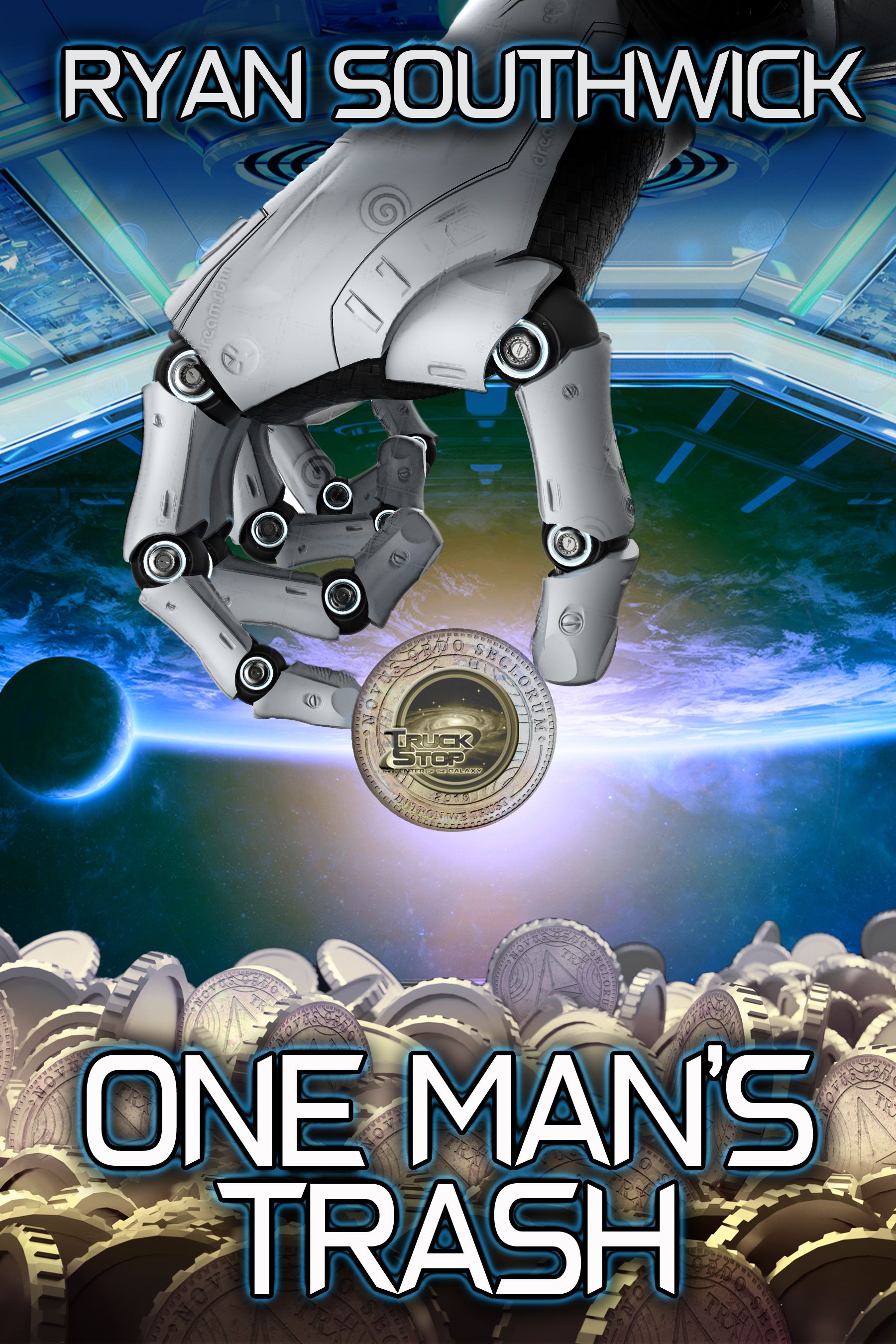 Mechanical hand grabbing a coin over a pile of coins. Earth in the background.