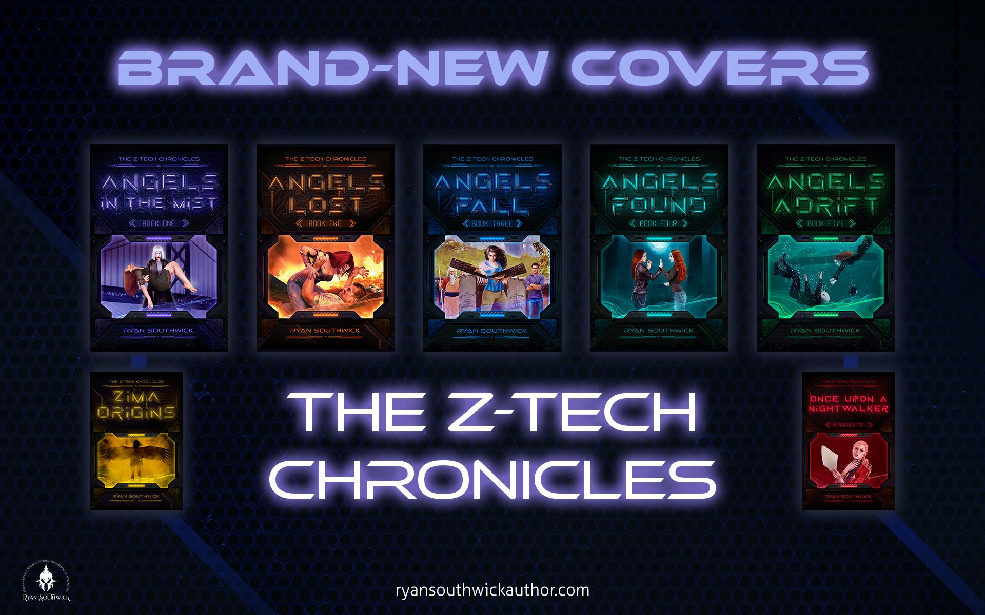 7 books with a Tron-like theme: "Brand-New Covers. The Z-Tech Chronicles"