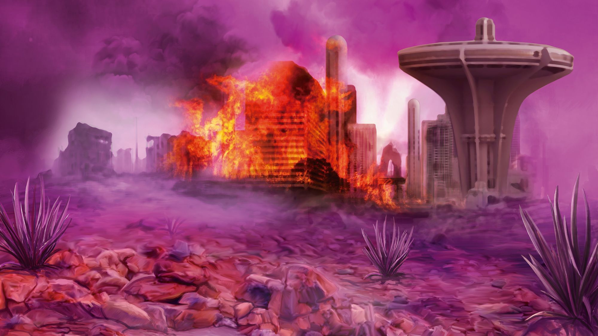 An arid landscape. Purple sky and clouds. In the background, an alien city on fire.