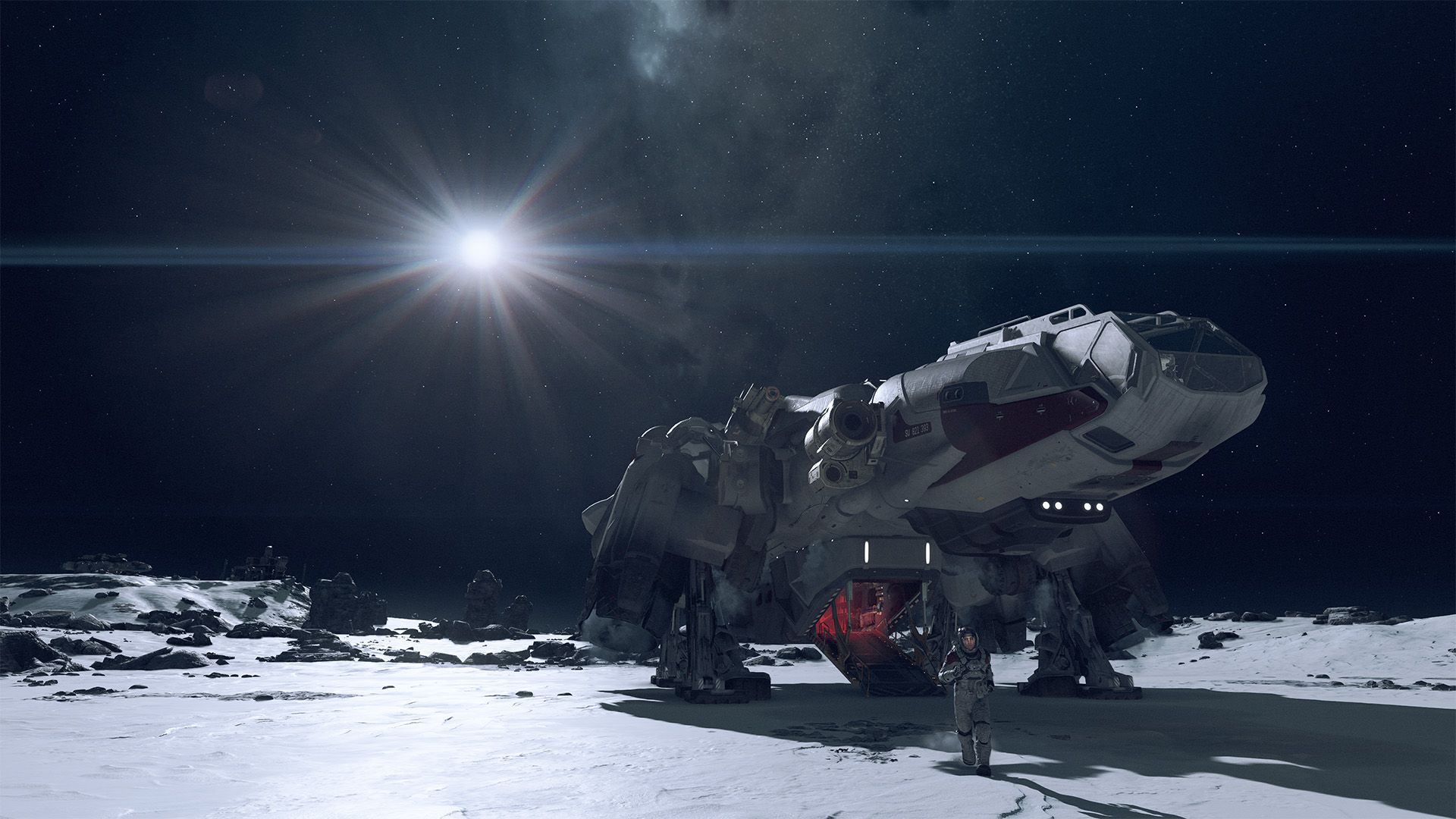 A ship and astronaut on an icy planet backlit by a brilliant sun and black, starry sky.