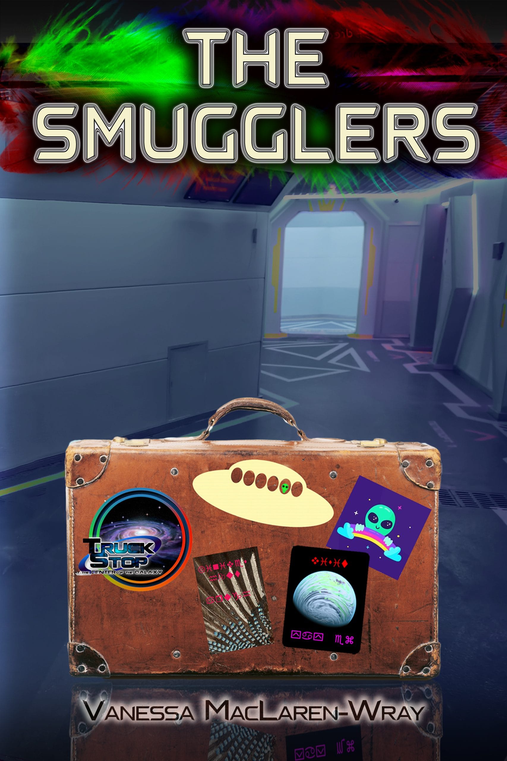 Book cover: The Smugglers by Vanessa MacLaren-Wray. Suitcase in a spaceship.