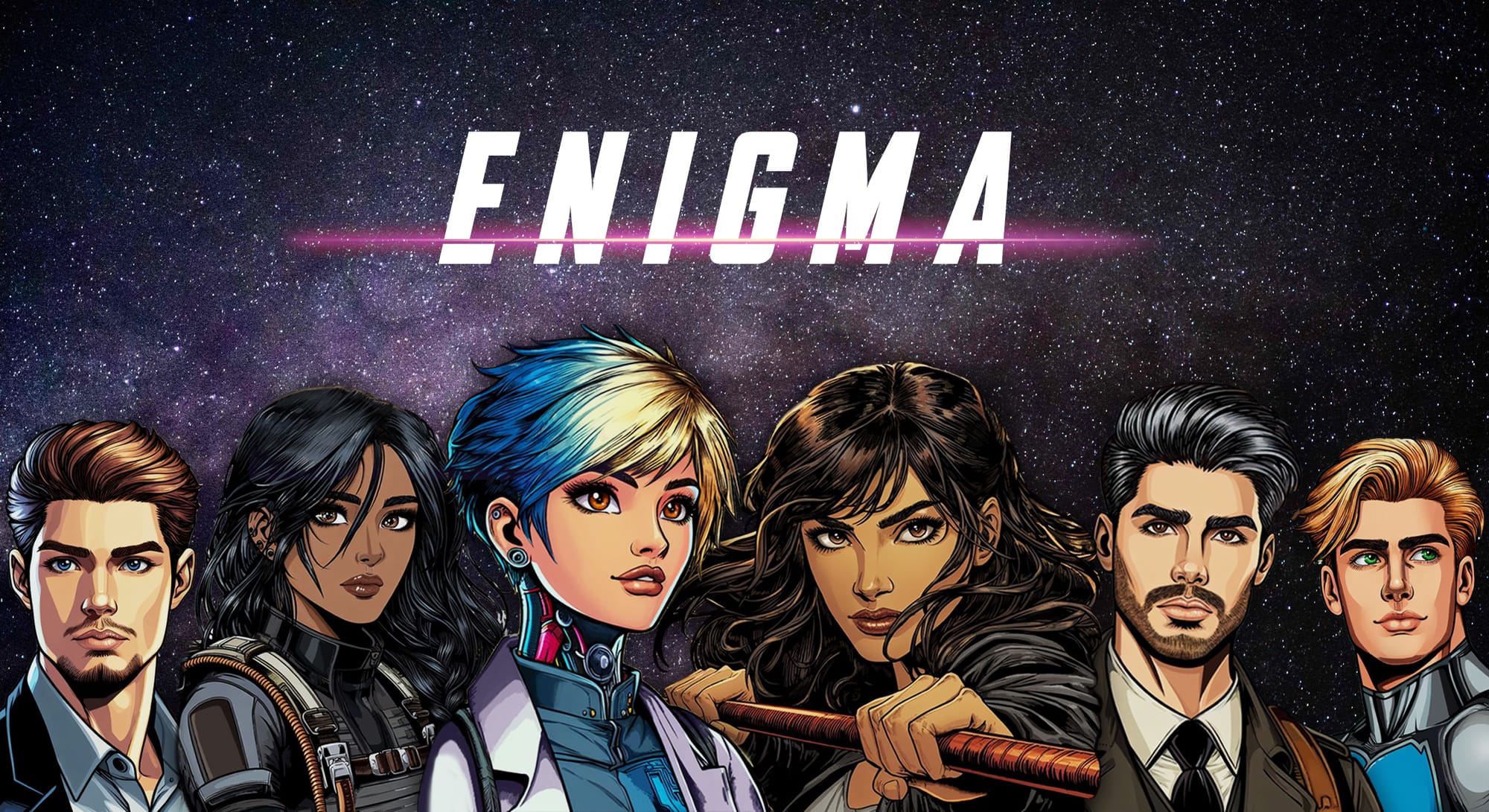 "Enigma" against a star background, with 6 cartoon characters in the fore.