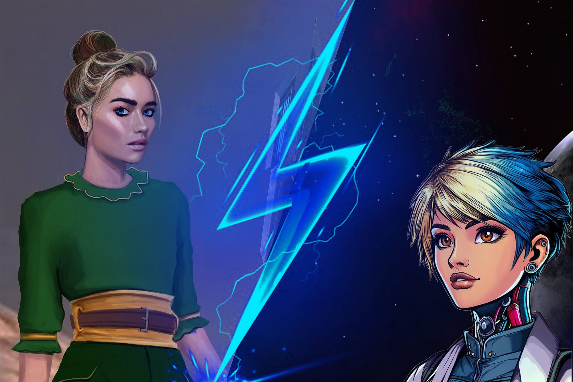 Left: Blue-eyed woman in green dress. Right: Cybernetic woman with colored hair. Lightning bolt in the middle.