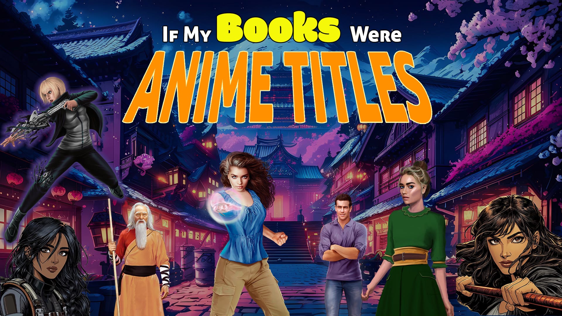 "If My Books Were Anime Titles" in stylized, colorful fonts. Japanese village background, characters in fore