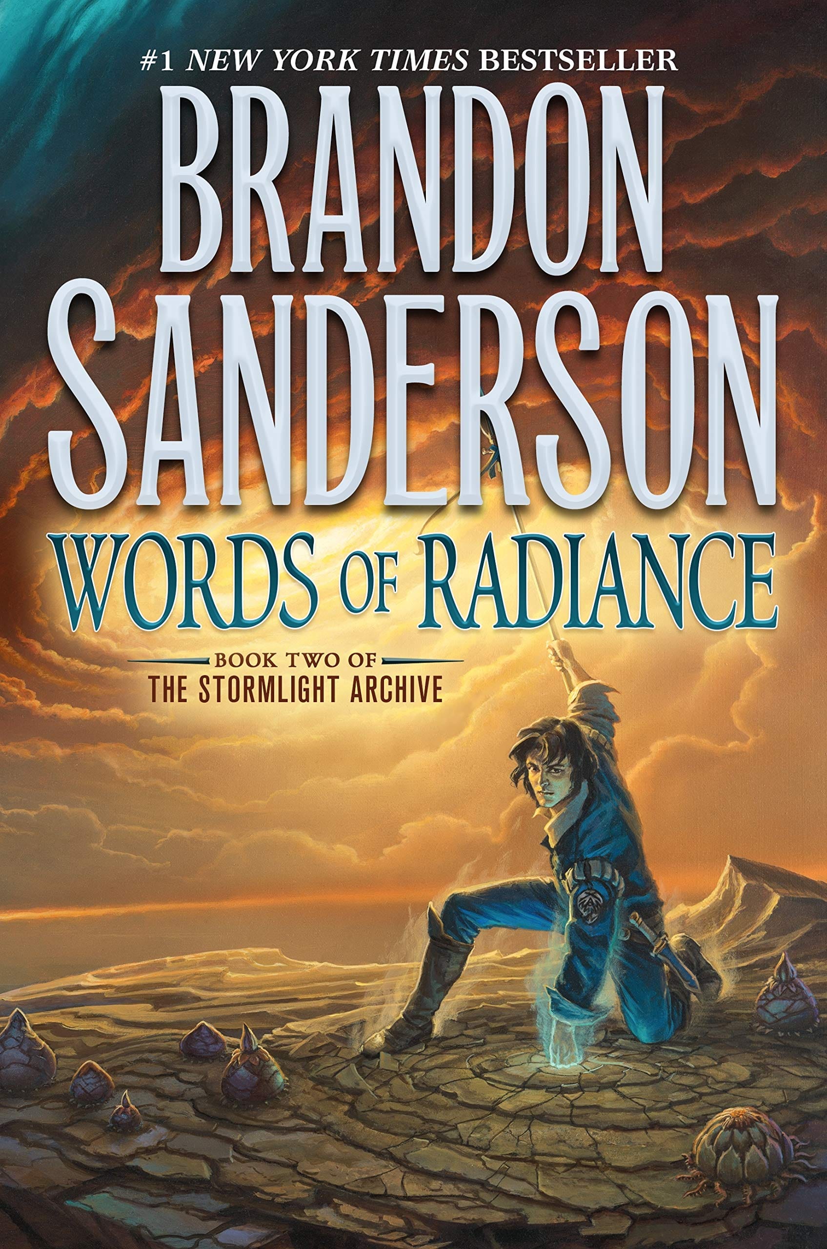 Book cover: "Words of Radiance by Brandon Sanderson. Book Two of The Stormlight Archive"