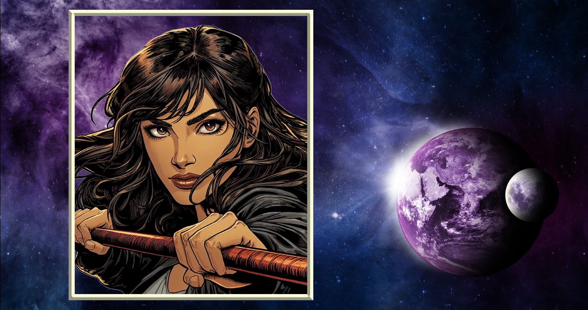 Space background with purple planet. Portrait of dark-haired woman holding a staff in fighting stance.