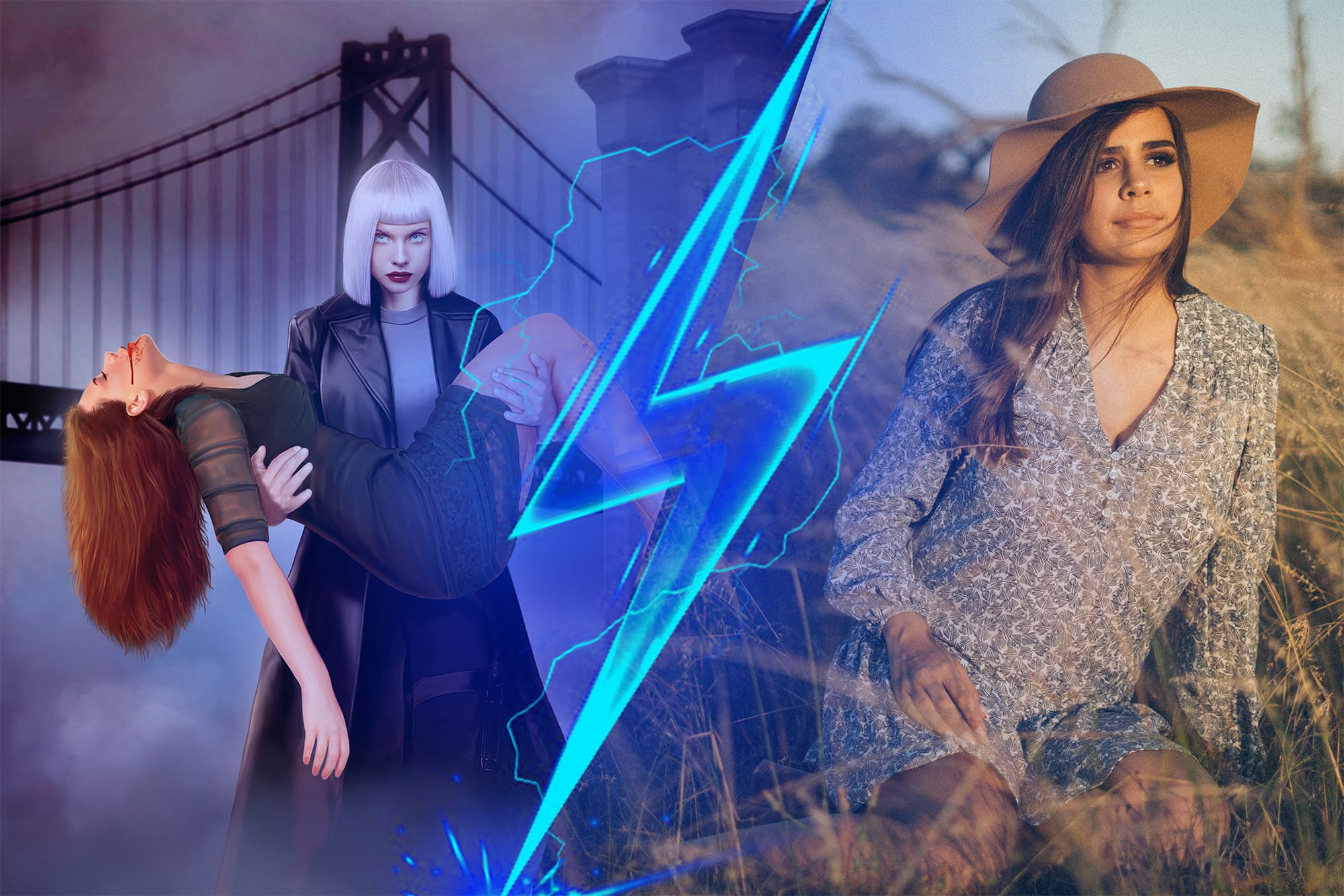 Left: stern platinum blond carrying unconscious redhead. Right: Woman in a dress and hat sitting in a wheat field.
