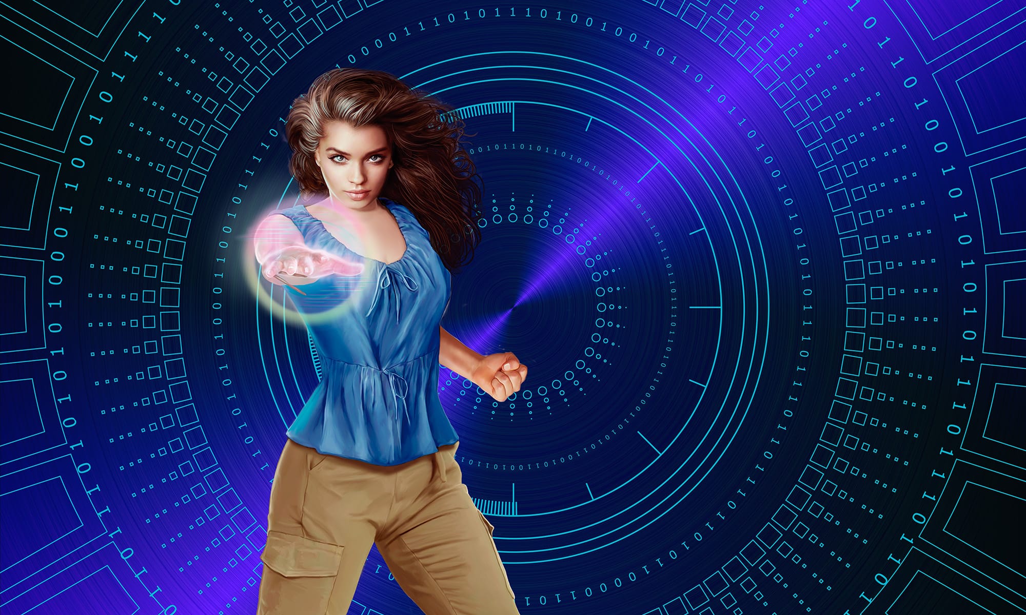 Woman in a blue blouse and tan pants, fist cocked, glow around her hand. Blue tech background.