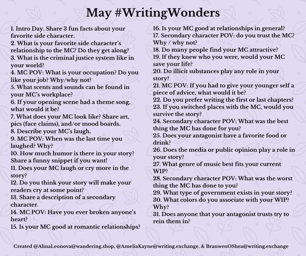 Picture "May #WritingWonders" with 31 questions, 1 for each day of the month. See blog post for question text.