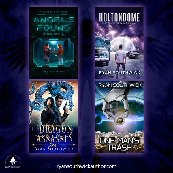 4 books against a purple background: Angels Found; Holtondome; Dragon Assassin; One Man's Trash
