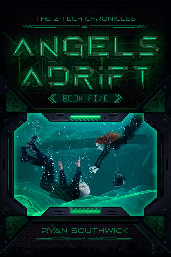 Book cover: "Angels Adrift". Blonde woman sinking underwater. Auburn-haired woman swimming after her.