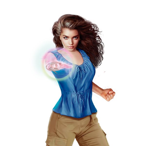 Woman with flowing hair in a blue blouse and khakis, hand outstretched, a chi glow around it