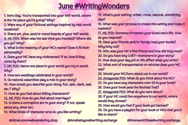 "June #WritingWonders." A list of questions for every day of the month. See post for questions.