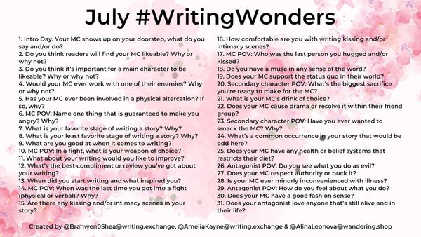 July #WritingWonders, listing questions. Actual questions are in the body of this blog.