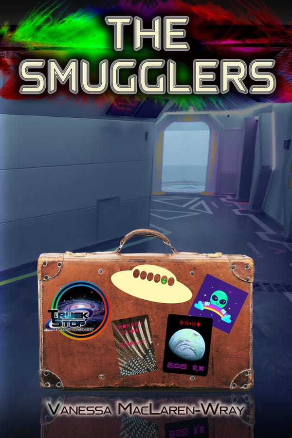 Book cover: The Smugglers by Vanessa MacLaren-Wray. Suitcase in a spaceship.
