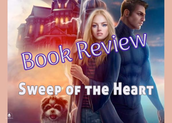 "Book Review: Sweep of the Heart." Woman with a staff, muscled man, a dog, and an inn.