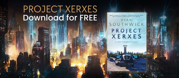 "Project Xerxes. Download for free." Image of Project Xerxes  book cover by Ryan Southwick. Night city background.