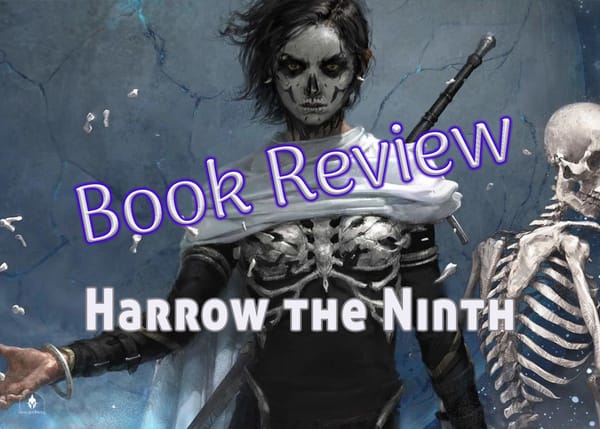 "Book Review: Harrow the Ninth". Woman with short black hair. Skeleton in the background.