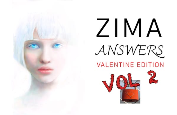 "Zima Answers, Valentine Edition, Vol 2" Portrait of a blue-eyed woman with white hair.