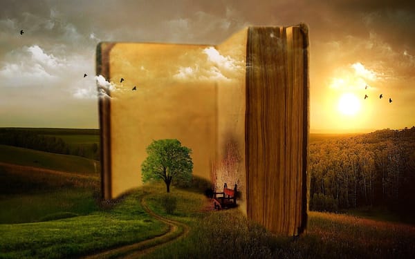 Surreal 30-story book with red chair and tree in front of a forest under a sunset