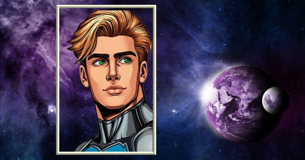 Handsome cartoon portrait framed against a space background.