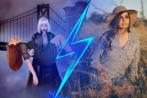 Left: stern platinum blond carrying unconscious redhead. Right: Woman in a dress and hat sitting in a wheat field.