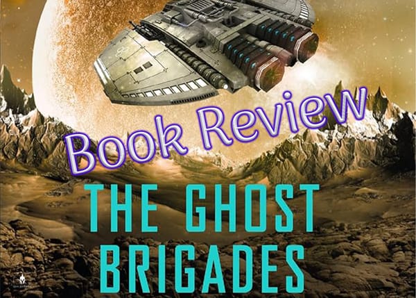 "Book Review: The Ghost Brigades". Space ship against a rocky alien background.