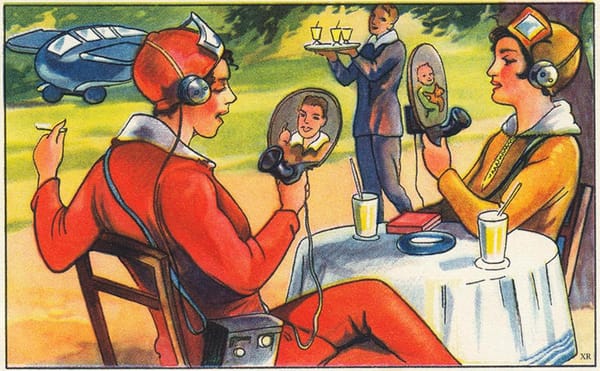 Drawing of two women chatting on 30s futurism face time devices.