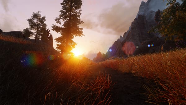 Sunset over a golden field. Mountains and trees in the background. Skyrim screenshot.
