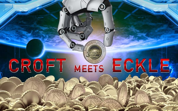 "Croft meets Eckle", background cover of One Man's Trash, gold coins, a robot hand, earth background