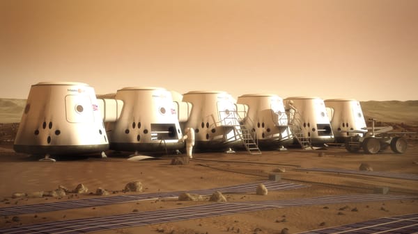 Cylindrical white habitat pods on Mars.