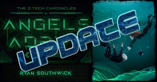 "Update". Banner for Angels Adrift. Blonde woman sinking, redhead swimming after her.