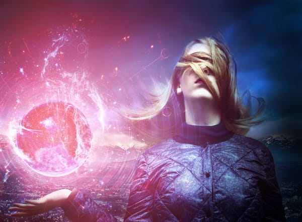 Girl with hair across her eyes in blue jacket. Mystic colorful orb floating over her palm.